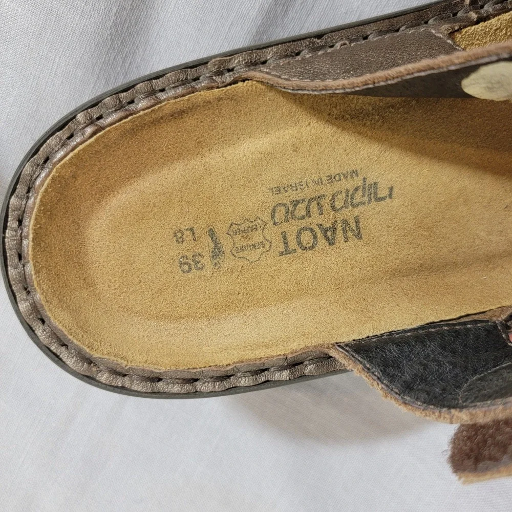 Naot‎ Bronze Metallic Leather Wedge Sandals Womens 39 US 8 Hook Loop Straps